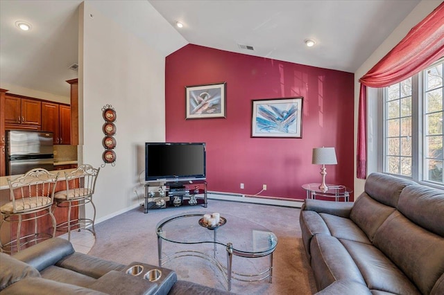 living area with lofted ceiling, light carpet, visible vents, baseboards, and baseboard heating