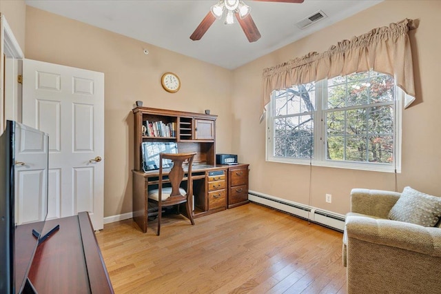 office area with ceiling fan, a baseboard heating unit, wood finished floors, visible vents, and baseboards