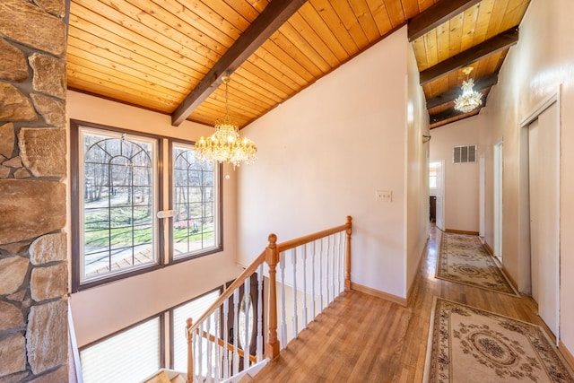810 Haverstraw Rd, Suffern, NY 10901 - corridor with lofted ceiling with beams, wooden ceiling, visible vents, and an inviting chandelier