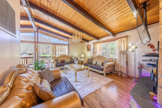 810 Haverstraw Rd, Suffern, NY 10901 - living room with lofted ceiling with beams, baseboards, an inviting chandelier, wood finished floors, and wooden ceiling