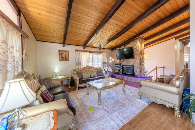 810 Haverstraw Rd, Suffern, NY 10901 - living area featuring beamed ceiling, wood ceiling, hardwood / wood-style flooring, and a fireplace