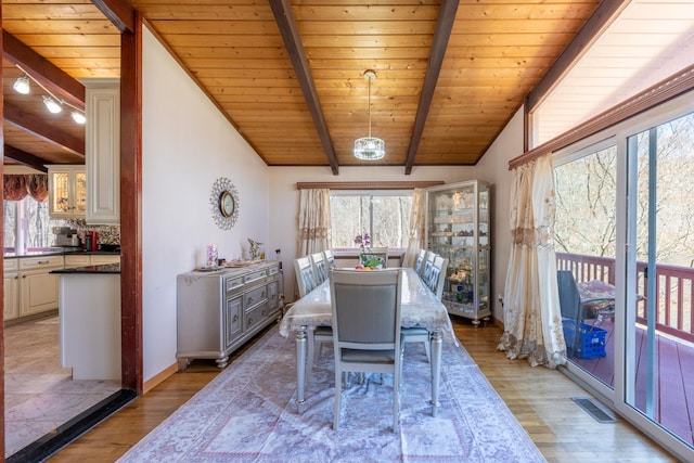 810 Haverstraw Rd, Suffern, NY 10901 - dining space with wood ceiling, visible vents, a wealth of natural light, and light wood-style floors