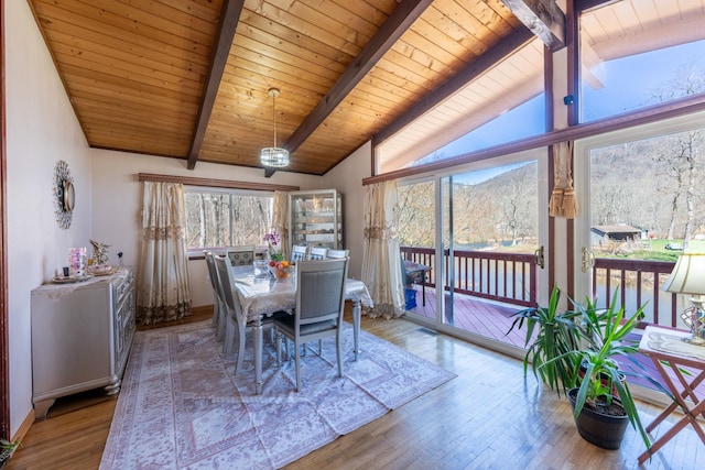 810 Haverstraw Rd, Suffern, NY 10901 - dining room featuring wood ceiling, vaulted ceiling with beams, and wood finished floors
