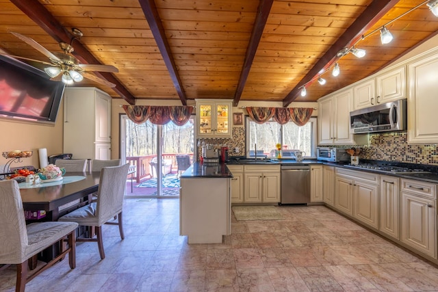 810 Haverstraw Rd, Suffern, NY 10901 - kitchen with track lighting, beam ceiling, wooden ceiling, and stainless steel appliances