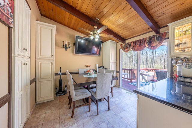 810 Haverstraw Rd, Suffern, NY 10901 - dining area with wood ceiling, ceiling fan, and lofted ceiling with beams