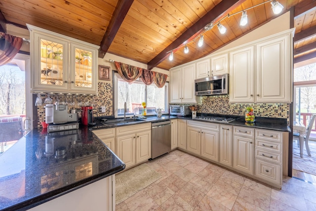 810 Haverstraw Rd, Suffern, NY 10901 - kitchen featuring wooden ceiling, a sink, lofted ceiling with beams, decorative backsplash, and appliances with stainless steel finishes