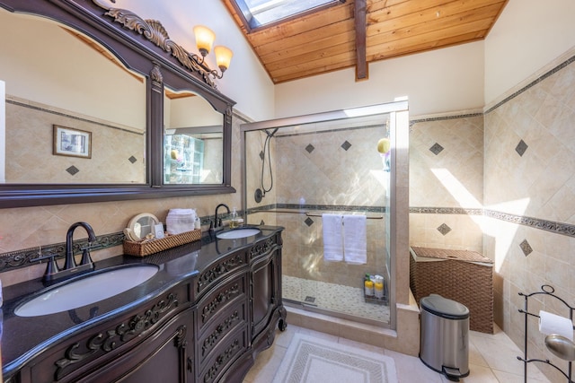 810 Haverstraw Rd, Suffern, NY 10901 - full bath featuring tile walls, a skylight, wood ceiling, and a sink