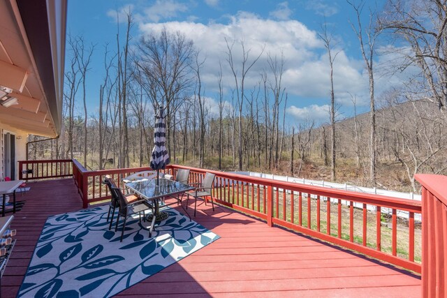 810 Haverstraw Rd, Suffern, NY 10901 - deck featuring a forest view, a fenced backyard, and outdoor dining area
