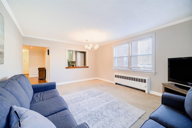 15 Bryant Cres Unit 1K, White Plains, NY 10605 - living room featuring ornamental molding, light colored carpet, radiator heating unit, and a notable chandelier