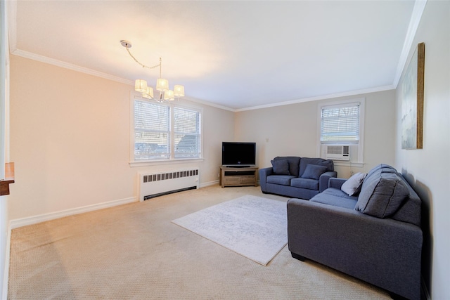 15 Bryant Cres Unit 1K, White Plains, NY 10605 - living room with a chandelier, ornamental molding, cooling unit, radiator, and light colored carpet