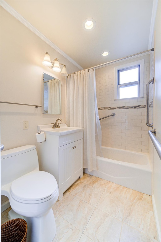 15 Bryant Cres Unit 1K, White Plains, NY 10605 - full bathroom with toilet, shower / bath combo, vanity, and ornamental molding