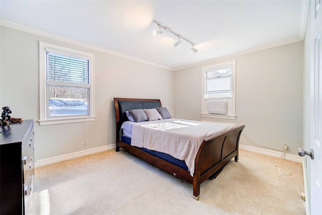 15 Bryant Cres Unit 1K, White Plains, NY 10605 - bedroom featuring crown molding, rail lighting, and light colored carpet