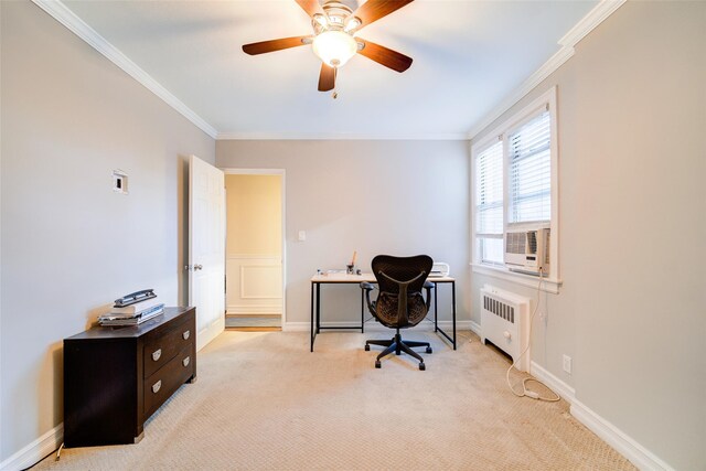 15 Bryant Cres Unit 1K, White Plains, NY 10605 - carpeted home office with ornamental molding, cooling unit, radiator heating unit, and ceiling fan