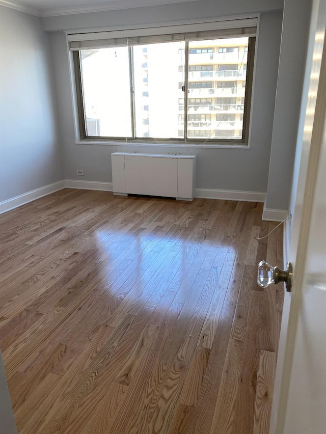 unfurnished room with radiator heating unit and light hardwood / wood-style floors