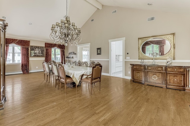 dining room with high vaulted ceiling, light wood finished floors, beamed ceiling, and visible vents