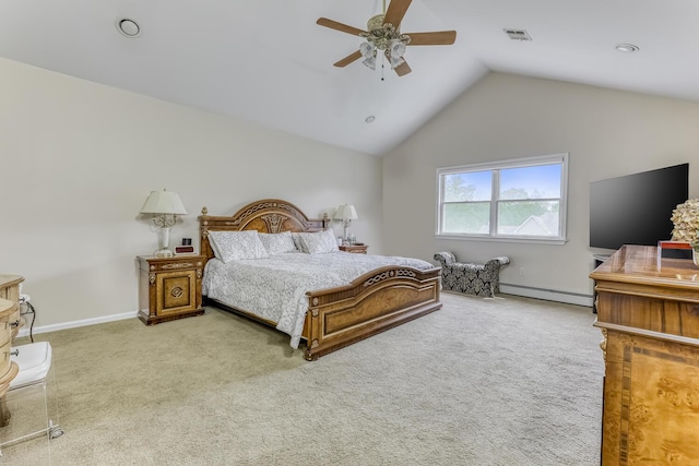 bedroom featuring baseboards, visible vents, lofted ceiling, baseboard heating, and carpet flooring