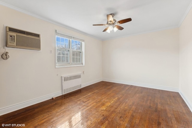 empty room with crown molding, ceiling fan, radiator heating unit, dark hardwood / wood-style flooring, and an AC wall unit