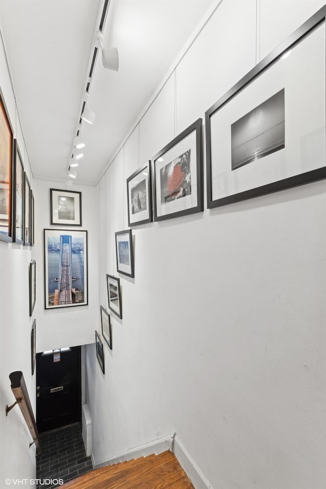 hall with rail lighting and wood-type flooring