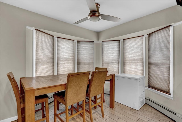 dining area featuring baseboard heating and ceiling fan