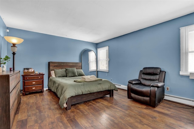 bedroom featuring baseboard heating and dark hardwood / wood-style floors