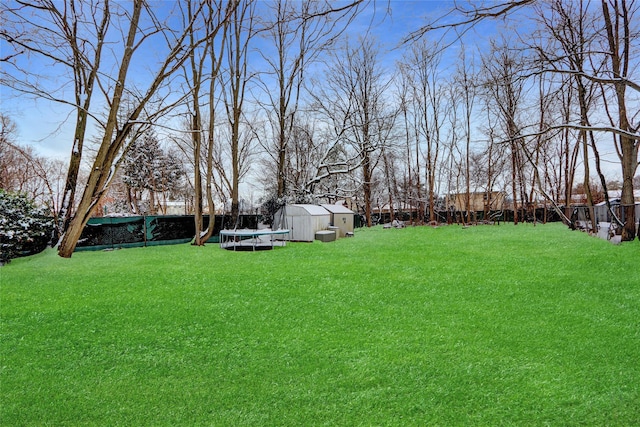 view of yard featuring a trampoline and a storage shed