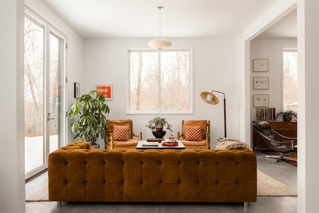 living area featuring a wealth of natural light and concrete flooring