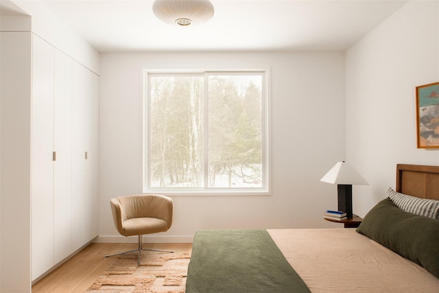 bedroom with light wood-style flooring, baseboards, and a closet