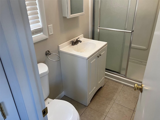 bathroom featuring walk in shower, tile patterned floors, toilet, and vanity