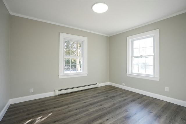 unfurnished room featuring a baseboard heating unit, crown molding, and dark wood-type flooring