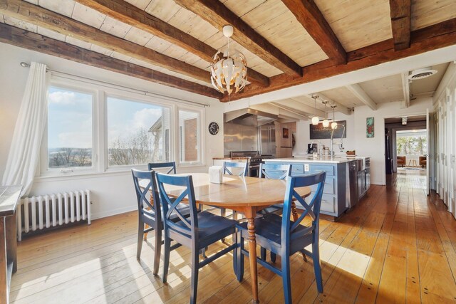 50 Maple Ave, Goshen, NY 10924 - dining area with radiator heating unit, a chandelier, hardwood / wood-style floors, baseboards, and wood ceiling with exposed beams