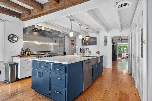 50 Maple Ave, Goshen, NY 10924 - kitchen featuring blue cabinets, exhaust hood, beam ceiling, stainless steel dishwasher, and light wood finished floors