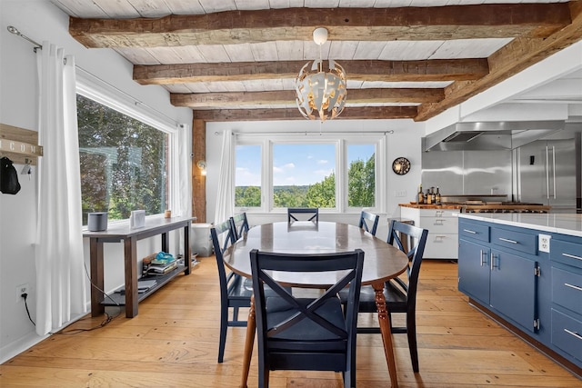 50 Maple Ave, Goshen, NY 10924 - dining space featuring plenty of natural light, light wood finished floors, a wood ceiling with exposed beams, and a chandelier