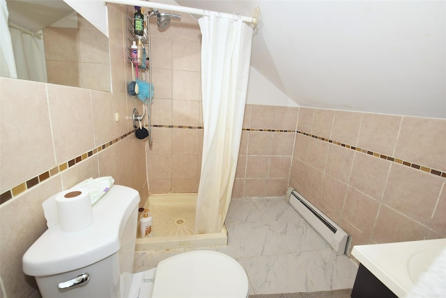 full bathroom featuring tile walls, toilet, a baseboard heating unit, a stall shower, and vanity