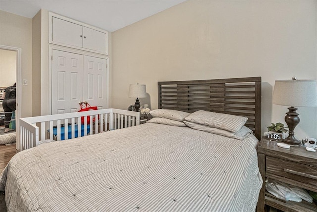 bedroom featuring hardwood / wood-style floors and a closet