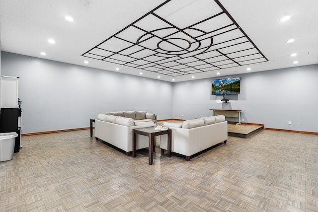 living room featuring light parquet flooring