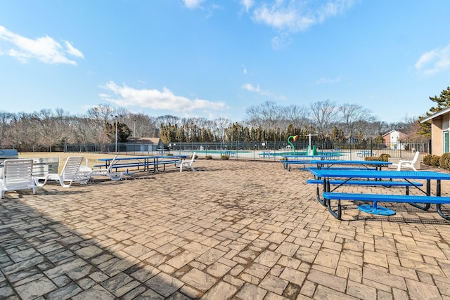 view of property's community with a swimming pool and a patio area