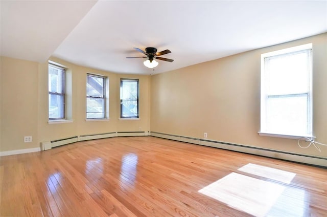 empty room featuring hardwood / wood-style flooring, a baseboard radiator, baseboards, and a ceiling fan