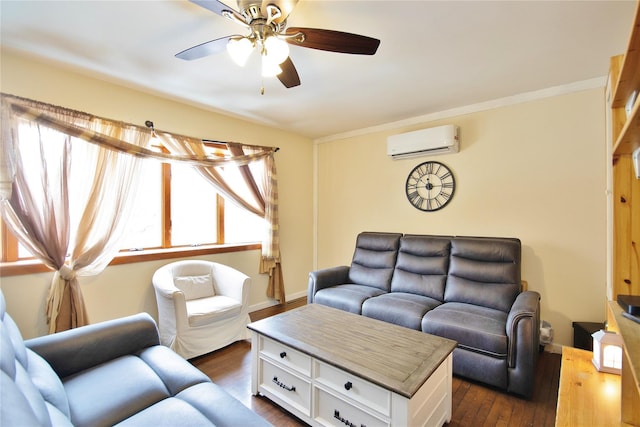 living area with an AC wall unit, dark wood-style flooring, a ceiling fan, and crown molding