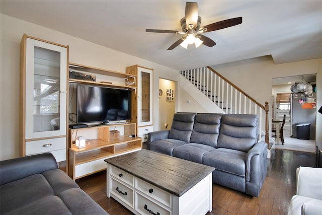 living room featuring stairs, ceiling fan, and dark wood-style floors