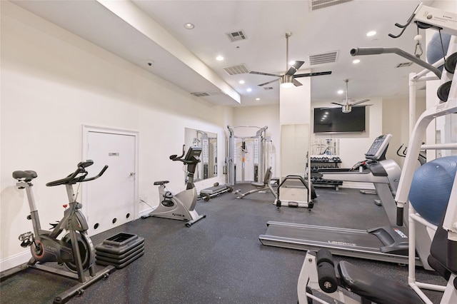 exercise room with recessed lighting, visible vents, and ceiling fan