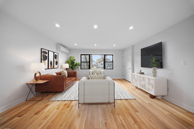 15815 77th Rd, Fresh Meadows, NY 11366 - living area with baseboards, recessed lighting, light wood-style flooring, and an AC wall unit
