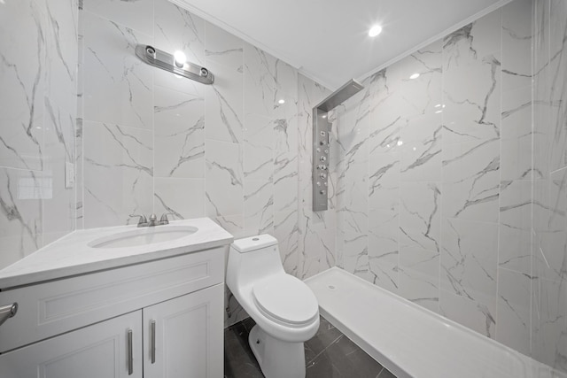 15815 77th Rd, Fresh Meadows, NY 11366 - bathroom with toilet, vanity, a stall shower, and tile walls