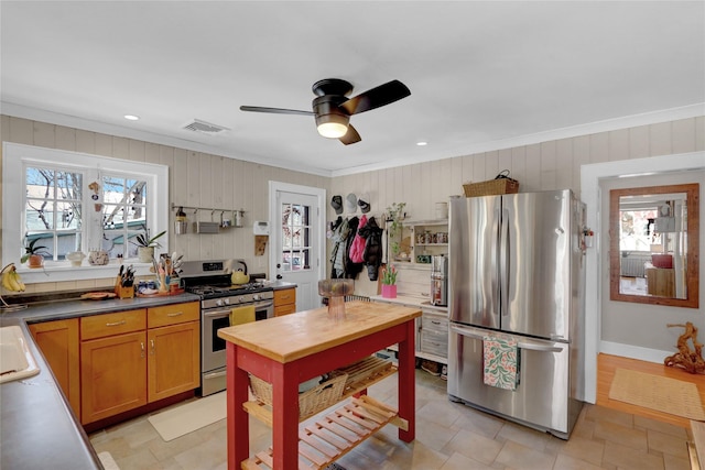 kitchen with stainless steel appliances, crown molding, plenty of natural light, and ceiling fan