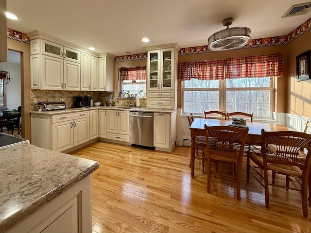 kitchen with sink, light hardwood / wood-style flooring, a baseboard radiator, dishwasher, and backsplash