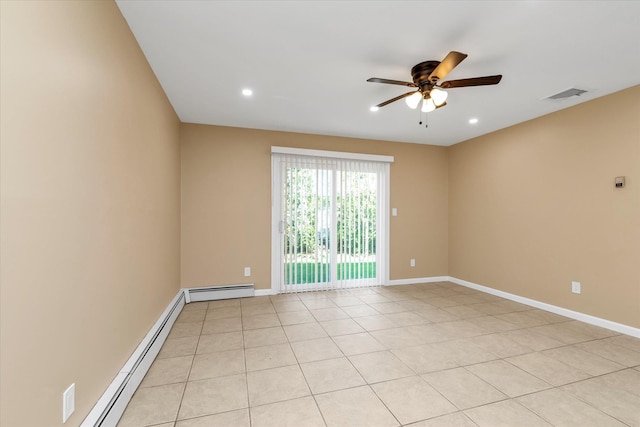 empty room with a ceiling fan, visible vents, recessed lighting, and a baseboard radiator