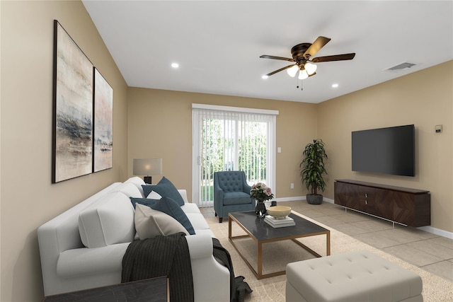 69 Woodward St, Roslyn Heights, NY 11577 - living room with light tile patterned floors, a ceiling fan, visible vents, baseboards, and recessed lighting