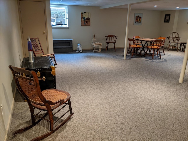 sitting room with carpet, a paneled ceiling, and recessed lighting