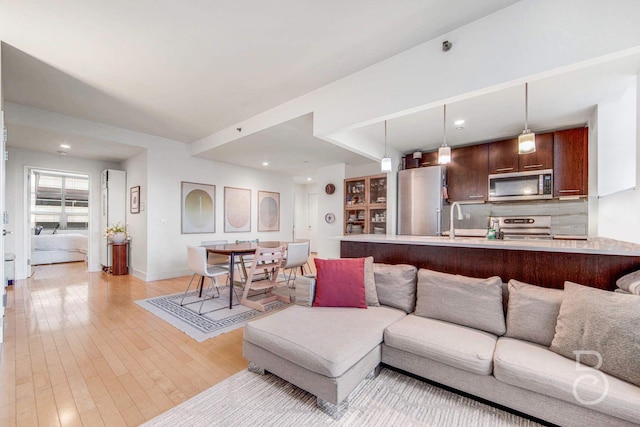 living room featuring sink and light wood-type flooring