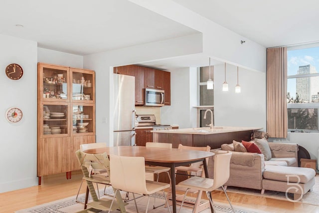 dining room with sink and light hardwood / wood-style floors