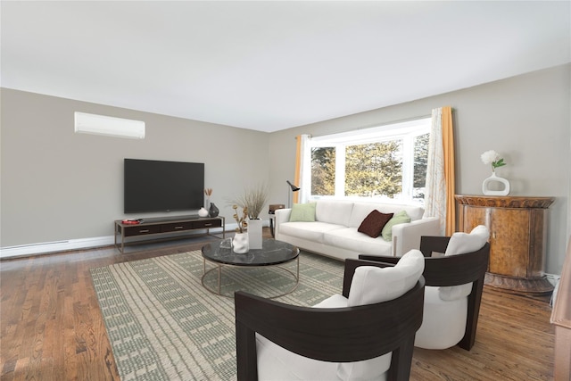 living room featuring an AC wall unit and dark hardwood / wood-style floors